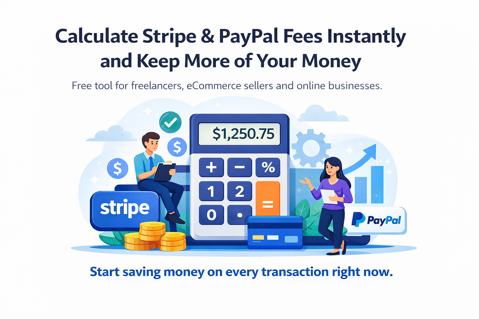 Stripe and PayPal fee calculator illustration showing transaction fees and net profit calculation